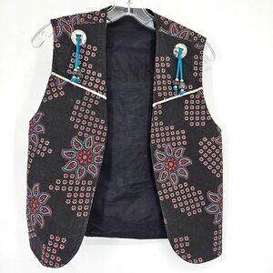 Western Boho Floral Vest Women Medium Black Blue Silver Buttons Beaded Lined